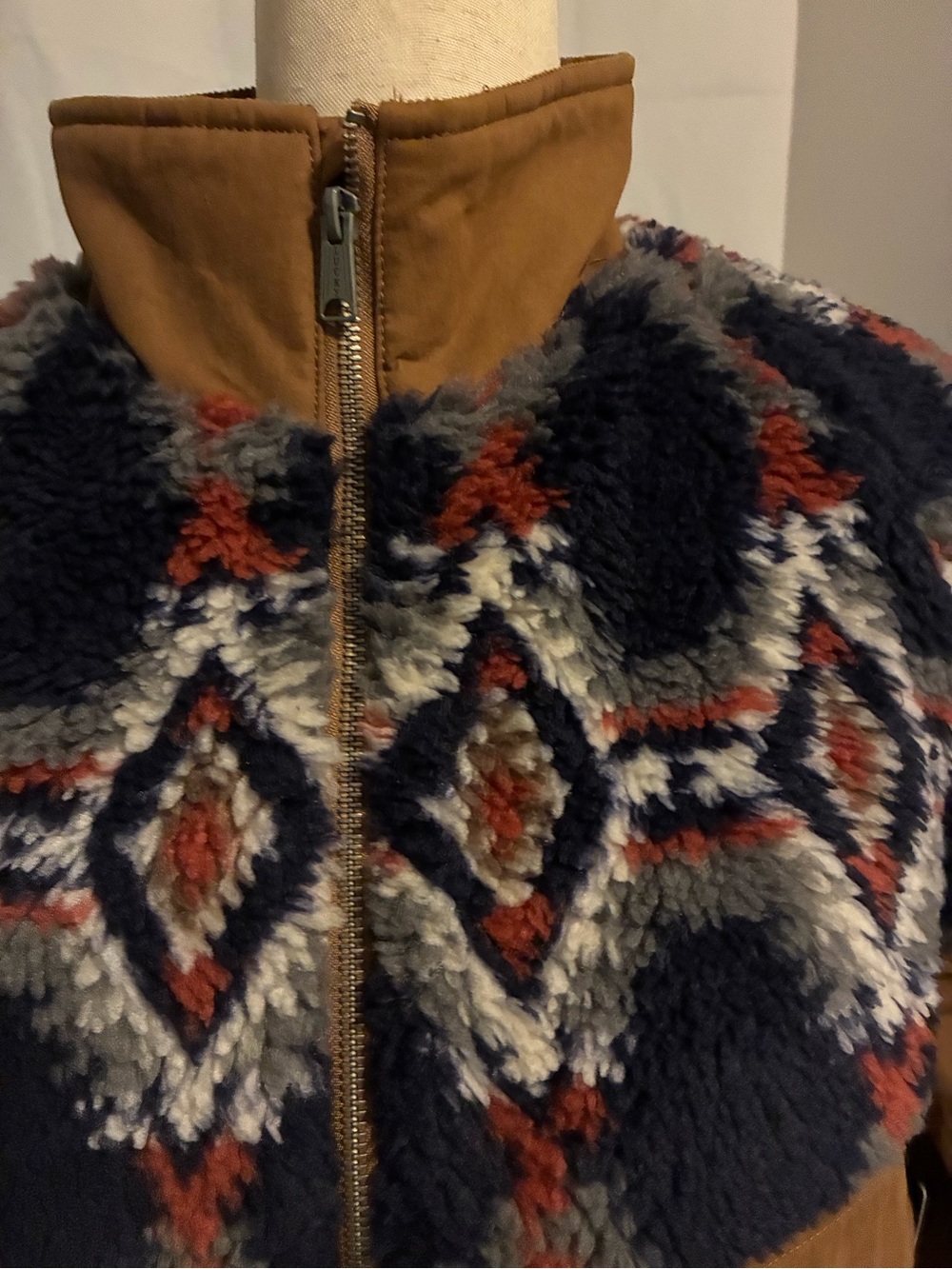 Lucky Brand Tan Pullover Jacket with Navy, Cream and Rust Sherpa Yoke - Picture 2 of 6